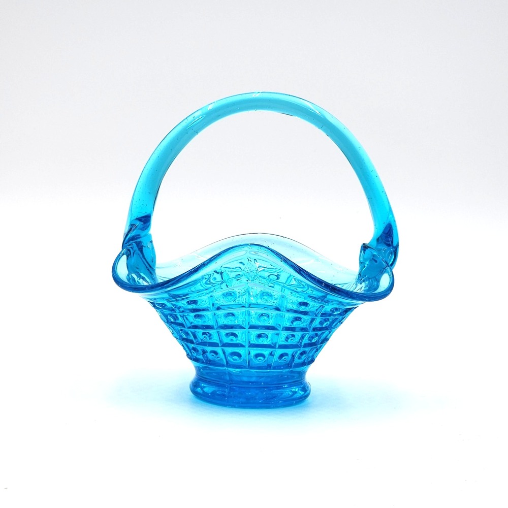 Vintage Bright Blue Pressed Glass Basket Waffle Dot Pedestal 6in